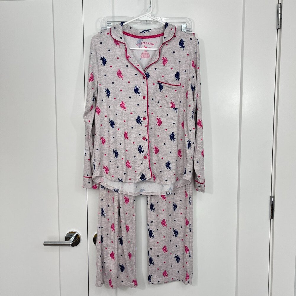 US Polo Assn Medium Gray, Pink, Blue Long Sleeve Pajama Set with Pockets - Picture 2 of 12